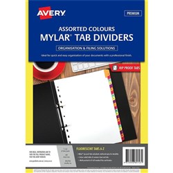 AVERY MYLAR TAB DIVIDERS A4 A-Z White, Fluoro Tabs