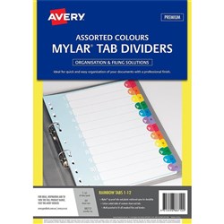 AVERY MYLAR DIVIDER RAINBOW A4 1-12 Index White,Asstd Tabs